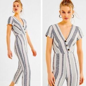 Urban Outfitters V-Neck Striped Jumpsuit in Gray and White